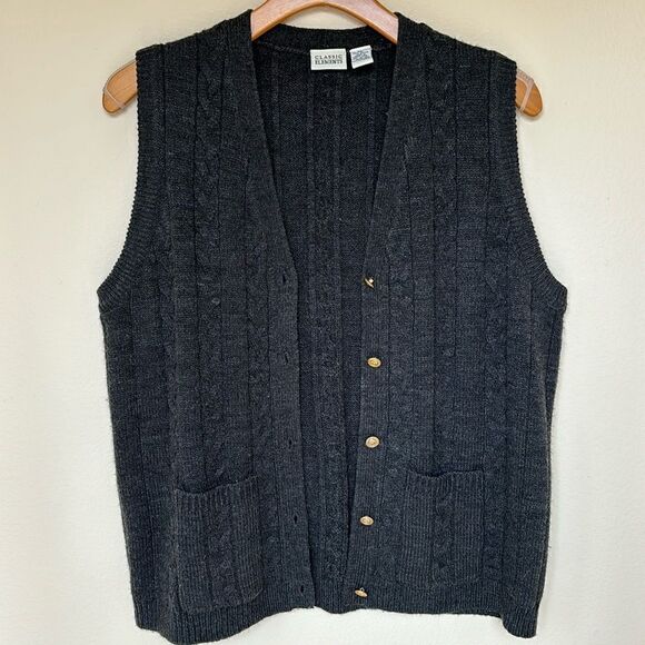 Vintage Cableknit Sweater Vest‎ Charcoal Gray Cardigan Size Mens Xl - Picture 1 of 7